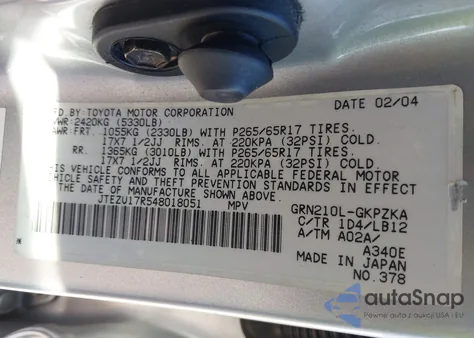 2004 Toyota 4Runner Limited V6 из США, поврежденный, VIN JTEZU17R548018051